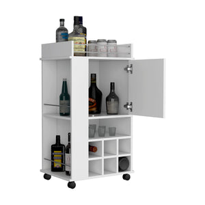 English Elm Fargo White Bar Cart with Cabinet, 6-Bottle Wine Rack, Open Shelf & Casters for Cocktail Prep B200P188860