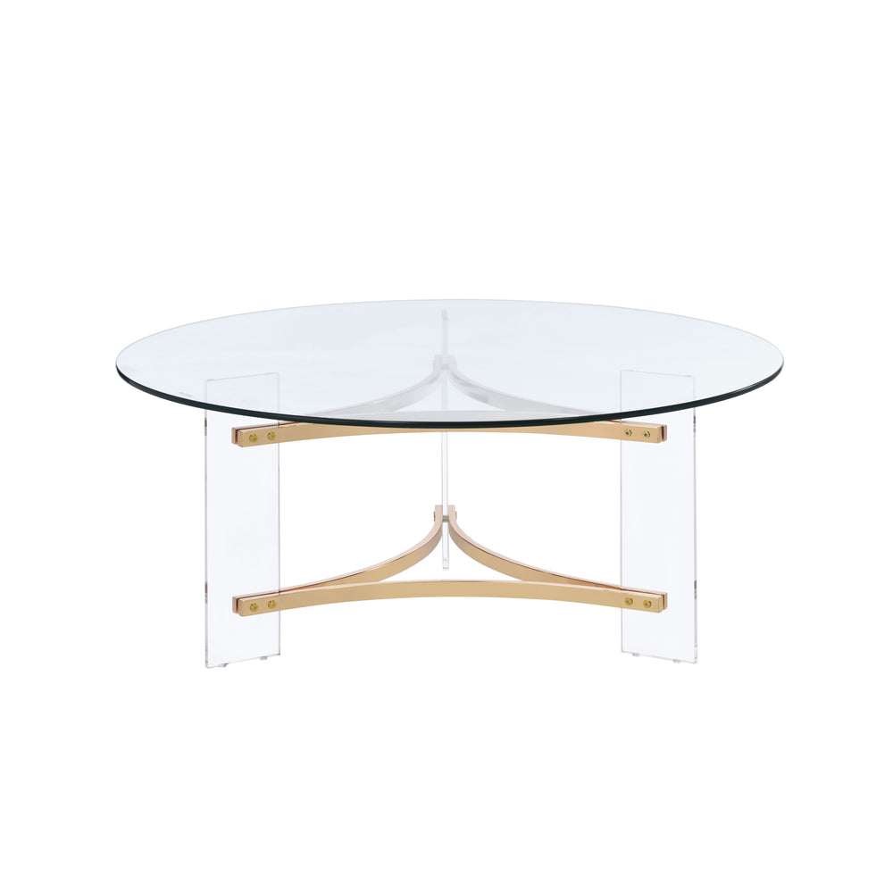 English Elm Sosi Gold Finish Coffee Table with 10mm Tempered Glass Top, Triangular Chrome Frame & Acrylic Base B2726P263407