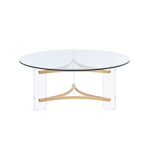 English Elm Sosi Gold Finish Coffee Table with 10mm Tempered Glass Top, Triangular Chrome Frame & Acrylic Base B2726P263407