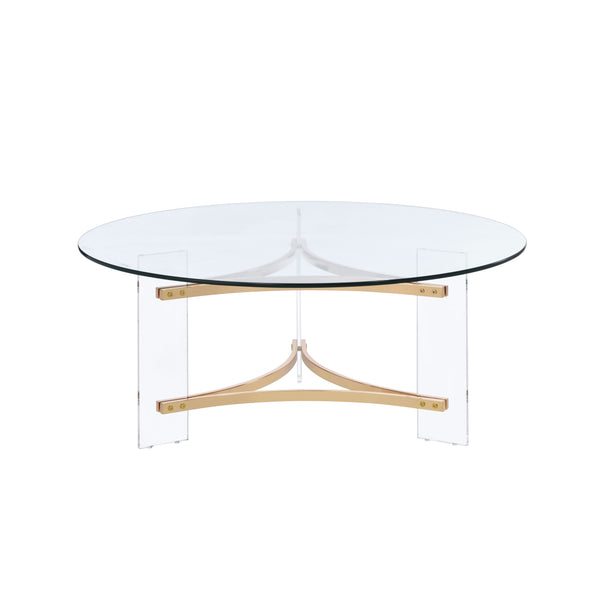English Elm Sosi Gold Finish Coffee Table with 10mm Tempered Glass Top, Triangular Chrome Frame & Acrylic Base B2726P263407