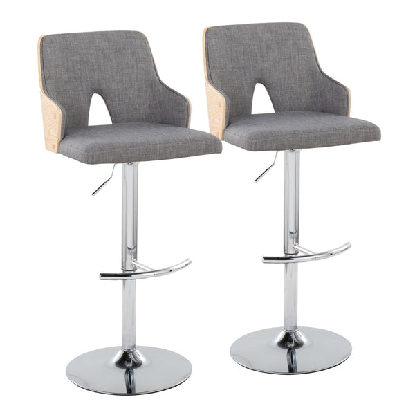 English Elm Stella Adjustable Barstool Set Of 2 - Modern Chrome Base, Light Grey Fabric & Natural Wood Accents B202S01009-GIGA