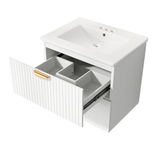 English Elm Modern 24-Inch Wall-Mounted Bathroom Vanity with 2 Drawers, Gold Handles, Space-Saving Luxury White WF324047AAK