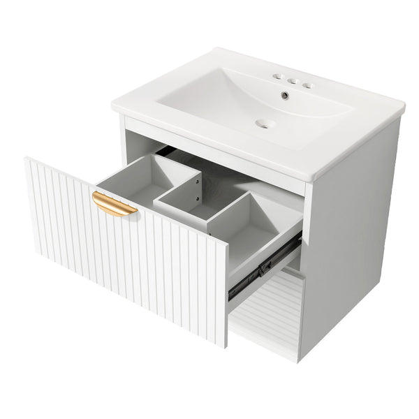 English Elm Modern 24-Inch Wall-Mounted Bathroom Vanity with 2 Drawers, Gold Handles, Space-Saving Luxury White WF324047AAK