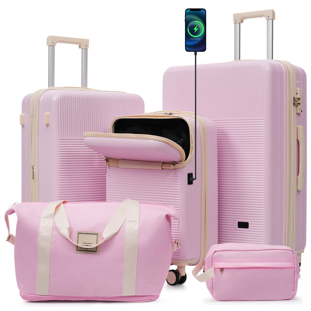 English Elm Luggage 5 Piece Hardside Abs Set with Front Access Carry on and Tsa Spinner Wheels Light Pink N732P391579U