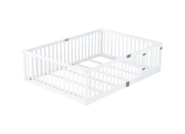 English Elm Twin Floor Bed Solid Rubber Wood with Tall Safety Railings for Toddler Sleep White W504P287658