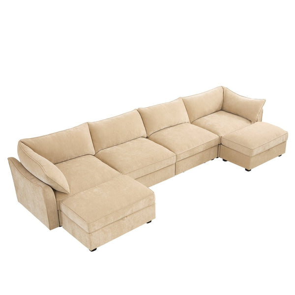 English Elm U Shape 4-Seater Modular Sofa With Movable Ottomans, Hidden Storage, & Plush Chenille In Wheat Color W3041S00181-GIGA