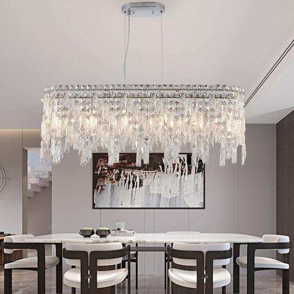 English Elm Silver Oval Iron Chandelier with K9 Crystal Teardrops for Dining Room or Foyer W2312P415971