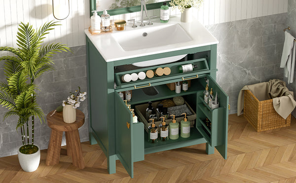 English Elm 30-inch Modern Bathroom Vanity with Ceramic Sink, Gold Accents, Solid Wood Frame, Soft-Close Doors and Ample Storage Green WF324045AAF