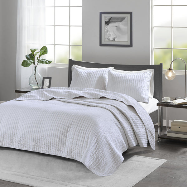 JLA Home Madison Park - 3 Keaton Reversible Quilt Set - Brushed Microfiber, Pick-Stitch Channel Quilting, Antimicrobial Comfort White MP13-627