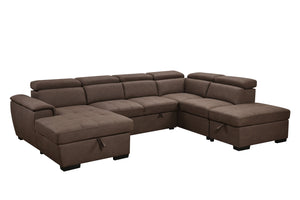 English Elm 128"Sofa U-Shaped Sectional with Pull-Out Bed, Storage Chaises, Adjustable Headrests for Comfort Dark Brown W1417S00087