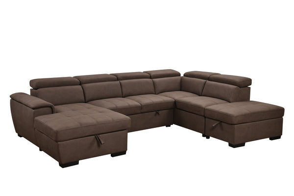 English Elm 128"Sofa U-Shaped Sectional with Pull-Out Bed, Storage Chaises, Adjustable Headrests for Comfort Dark Brown W1417S00087