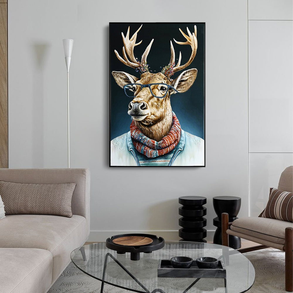 English Elm Vintage Deer Canvas Art with Glasses & Scarf — Blue British Countryside Portrait, Gallery-Wrapped Décor W3374P322236