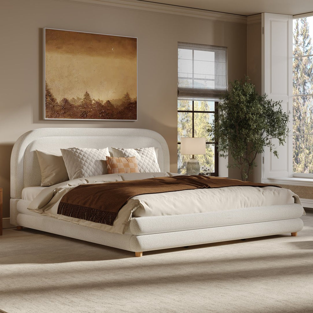 English Elm King Boucle Upholstered Bed Sculptural Arch Frame Solid Wood Legs Plush Headboard N757K371804W
