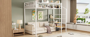 English Elm Twin Metal Loft Bed with Upper Grid Storage Shelf and 4-Layer Ladder Shelves for Space Saving White SF100081AAK