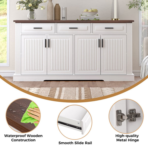 English Elm 63" Fluted Mdf Sideboard with Wood Tone Top Four Doors Three Drawers Dining Storage White W2917S00011
