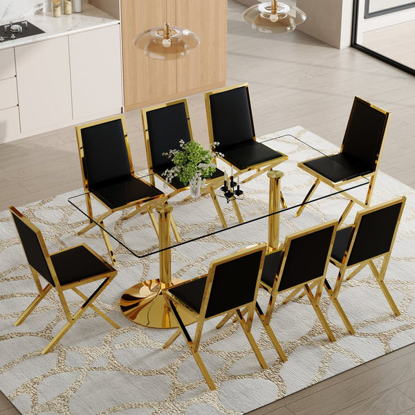 English Elm Table and 8 Chair Dining Set Tempered Glass Top with Gold Metal Framed Pu Seating Black+Gold,Transparent W1151S04771