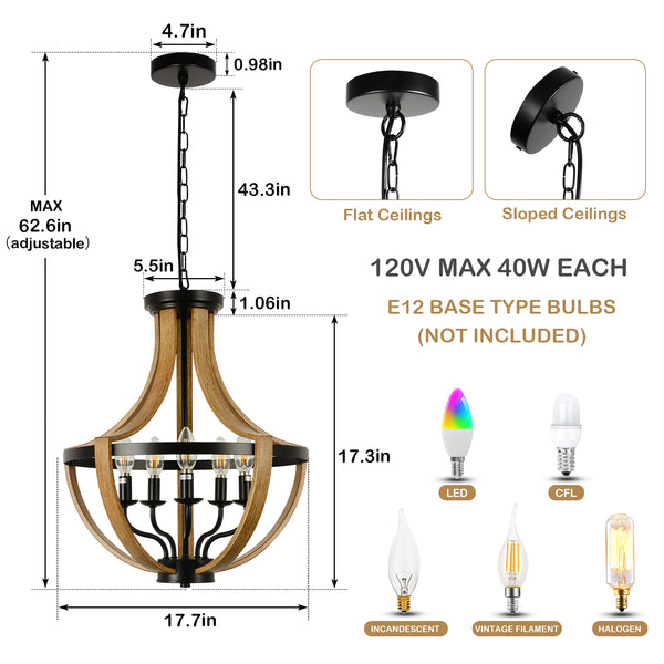 English Elm 5-Light Farmhouse Chandelier Vintage Geometric Wooden Frame Metal Fixture for Dining Room Foyer Brown W2738P242327