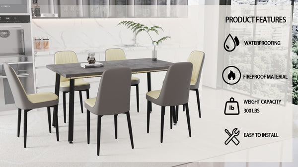 English Elm 55.12-70.87" Expandable Dining Set 7 Piece Industrial Mdf Table with Pu Upholstered Chairs Beige+Grey W2189S00912