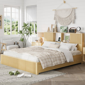 English Elm Queen Storage Bed Oak Finish Sliding Barn Door Headboard with Built-in Charging T3773P417198
