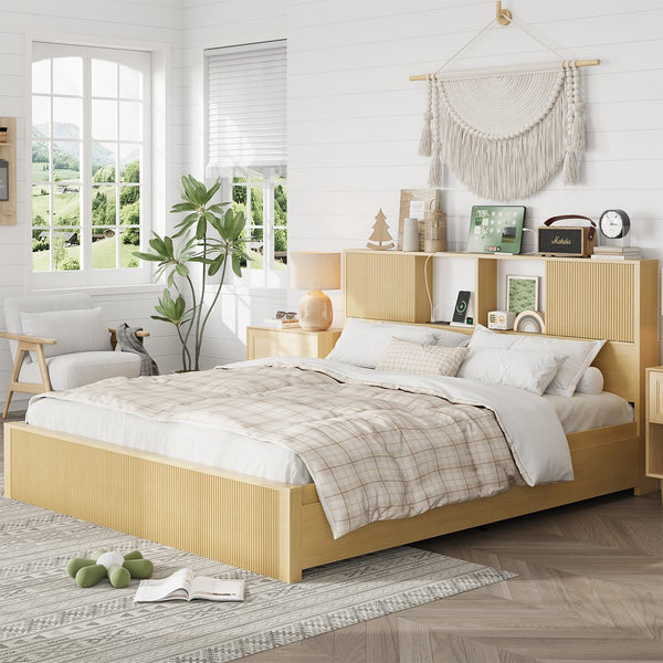 English Elm Queen Storage Bed Oak Finish Sliding Barn Door Headboard with Built-in Charging T3773P417198