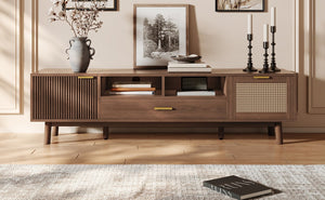 English Elm Wood TV Stand for 75" TVs with Rattan Drawers, Soft-Close Doors, Drop-Down Storage, Waterproof Finish N710P257619P