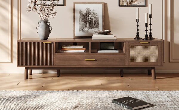 English Elm Wood TV Stand for 75" TVs with Rattan Drawers, Soft-Close Doors, Drop-Down Storage, Waterproof Finish N710P257619P