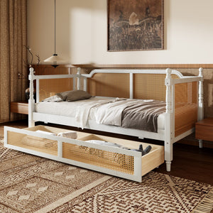 English Elm Traditional Rattan Headboard Twin Daybed Pine Frame with Under Bed Storage Drawers BS701P193261K