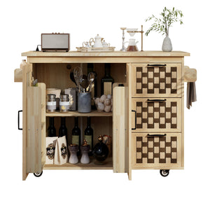English Elm K&K Vintage Woven Checkerboard Kitchen Island 53.2" with Drop Leaf, Power Outlet, 5 Wheels, Storage N707P215328Y