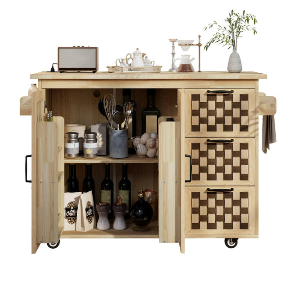 English Elm K&K Vintage Woven Checkerboard Kitchen Island 53.2" with Drop Leaf, Power Outlet, 5 Wheels, Storage N707P215328Y