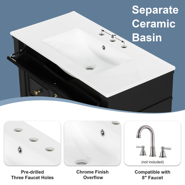 English Elm 36" Bathroom Vanity With Elegant Ceramic Sink, Adjustable Storage, And Sleek Black Finish For Modern Style N725P356064B