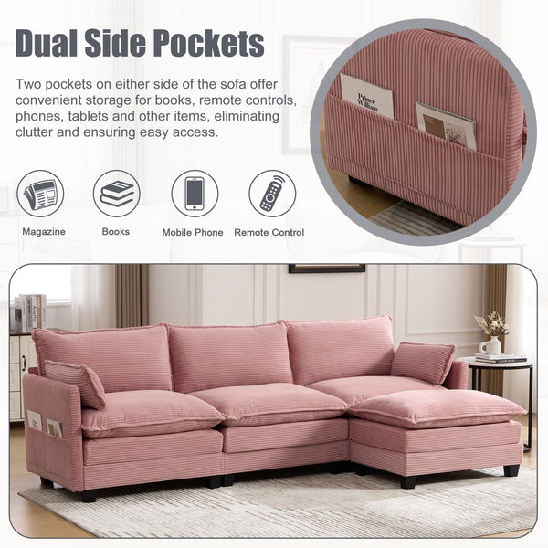 English Elm United We Win Modular Corduroy Sectional with Ottoman Low Profile Living Room Couch Pink W1568S00256