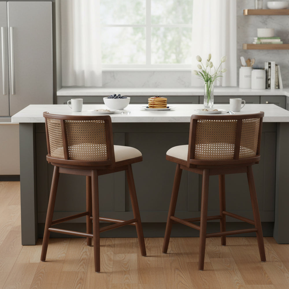 English Elm Talia Rubberwood Counter Stools with Rattan Back Cushioned Seat Scandinavian Set of 2 N775P369555D
