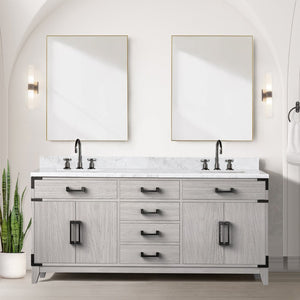 English Elm White Oak Double Bath Vanity 72" W With Carrara Marble Top - Elegant Storage & Soft-Close Design B2731P259905-GIGA