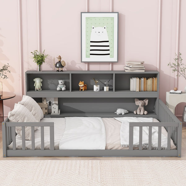 English Elm Full Floor bed with side bookcase and guardrails — space-saving storage shelves, sturdy pine construction, modern style (Full) Grey W504142774