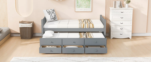 English Elm Daybed Twin Frame with Pull Out Trundle and Three Storage Drawers for Kids Rooms Gray LP100241AAE