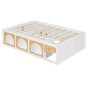 English Elm Full Size Kids Platform Bed with Led Lighting Bookshelf Display Cabinet and Storage Drawer White+Natural N820S00077K