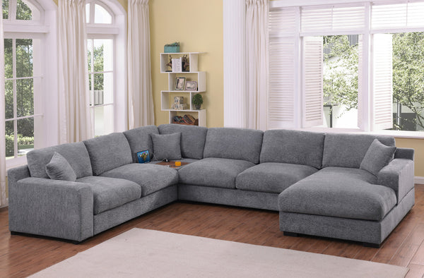 English Elm Chiara Chenille Corner Sectional with Chaise Cupholders Charging Ports for Living Room Light Gray B2749S00117