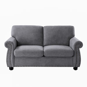 English Elm Soft Velvet Upholstered Loveseat with Turned Wood Legs Nailhead Trim Mid-century Style Grey B2735P292311