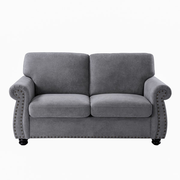 English Elm Soft Velvet Upholstered Loveseat with Turned Wood Legs Nailhead Trim Mid-century Style Grey B2735P292311