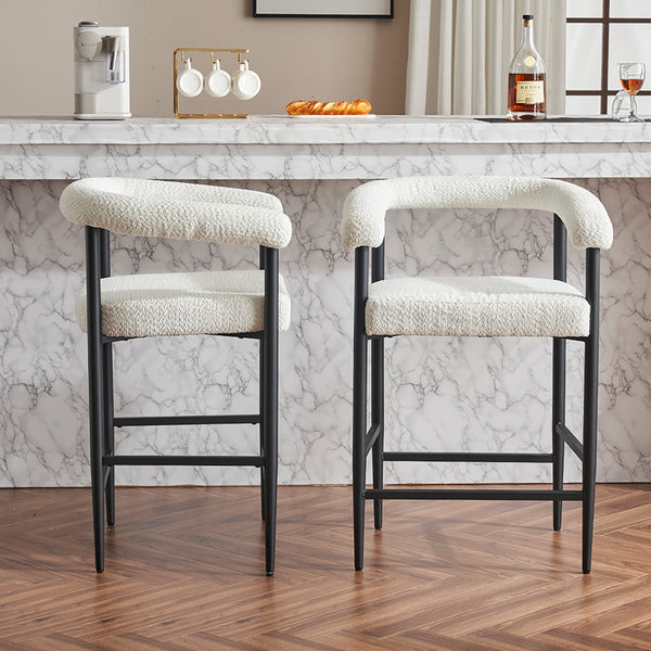 English Elm Modern Upholstered Bar Stools with Boucle Fabric and Armrests, Sturdy Metal Frame, Ergonomic Comfort White W1901P264274