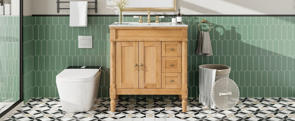 English Elm 30-inch Freestanding Bathroom Vanity Solid Wood Base Ceramic Sink Gold Hardware N729P299368N