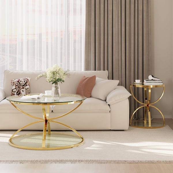 English Elm Modern Two-piece Round Tempered Glass Coffee Table Set with Gold Iron Ring Frames W757S00057