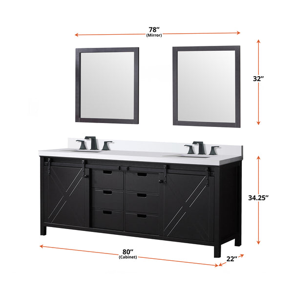 English Elm Brown Double Bath Vanity 80" W x 22" D with Cultured Marble Top, Matte Black Faucets, Dual 30" Mirrors, Scratch-Resistant Surface B2731S01120
