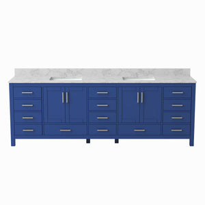English Elm 96" Freestanding Navy Wood Bathroom Vanity with Carrara Countertop and Ceramic Basin T3785P442234