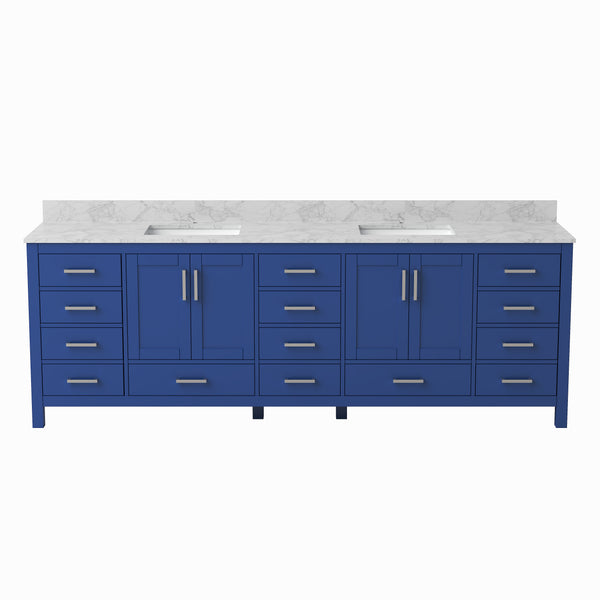 English Elm 96" Freestanding Navy Wood Bathroom Vanity with Carrara Countertop and Ceramic Basin T3785P442234