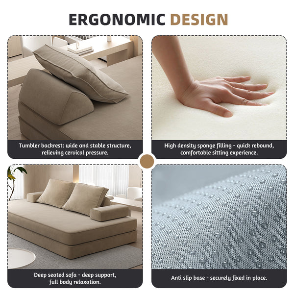 English Elm 86.6"Multifunctional Folding Sofa Bed with Chaise, Fluffy Chenille, Removable Backs & Pillows, Deep Seat Lounge Camel W3219P340668