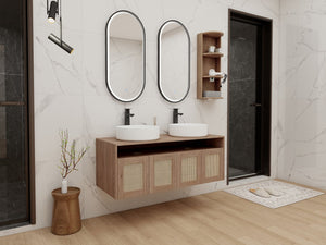 English Elm 48" Floating Bathroom Vanity Dual Ceramic Vessel Sinks Oak Finish Soft Close Doors W999S00504