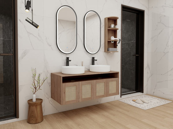 English Elm 48" Floating Bathroom Vanity Dual Ceramic Vessel Sinks Oak Finish Soft Close Doors W999S00504