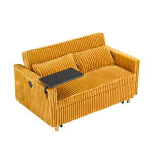 English Elm The pull-out corduroy sofa bed with convertible tabletop and USB charging ports for living room comfort Yellow W1278P248130