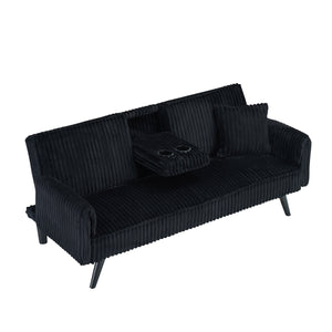 English Elm Minimalist Corduroy Sofa with Adjustable 3-Angle Recline, Dual Cup Holders, Solid Wood Frame Black W1658P251975